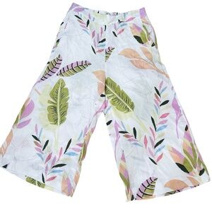 Cynthia Rowley Womens Pants Size  L White Tropical Print Wide Leg Linen Cropped